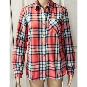 Eddie Bauer Womens Pink Plaid Button Up Flannel Size XS Outdoor Fall Camping